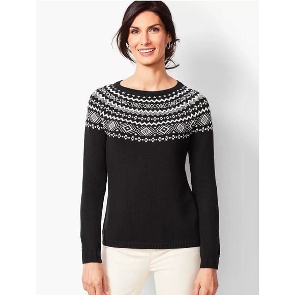 Talbots Nordic Knit Sweater Women's Large Black White Fair Isle Winter Holidays - Picture 1 of 11